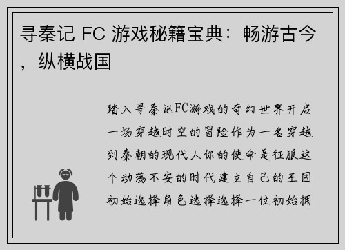寻秦记 FC 游戏秘籍宝典：畅游古今，纵横战国